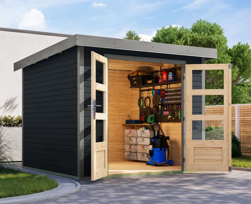Gartenhaus aus Holz, Fichte anthrazit, graualuminium Trapezblechdach, stabile Stahlecken, Zylinderschloss, wetterfest und wartungsarm, 2,38×2,42 m