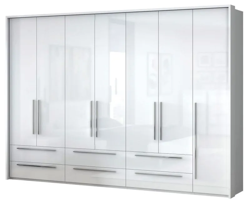 Kleiderschrank | 7 Drehtüren | 6 Schubladen | 6 Fächer | mit 4 Kleiderstangen | 322 cm breit | Farbe: Weiß Abbildung
