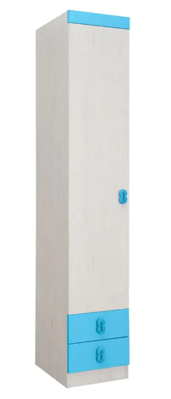 Kinderzimmer - Drehtürenschrank / Kleiderschrank Luis 17, Farbe: Eiche Weiß / Blau - 218 x 40 x 52 cm (H x B x T)