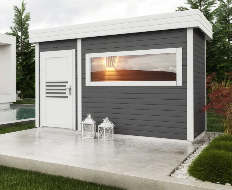 Gartensauna Lut 40 mm mit großem Panoramafenster, Außenmaße (B x T): 354 x 204 cm - Farbe: Anthrazit / Weiß