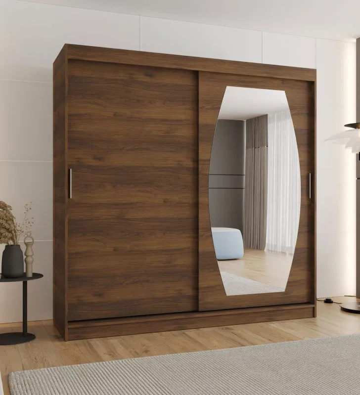 Kleiderschrank / Schiebetürenschrank | Farbe: Walnuss | 2 Meter breit | eine Spiegeltür | 10 Fächer | zwei Kleiderstangen | Aluminiumschienen
