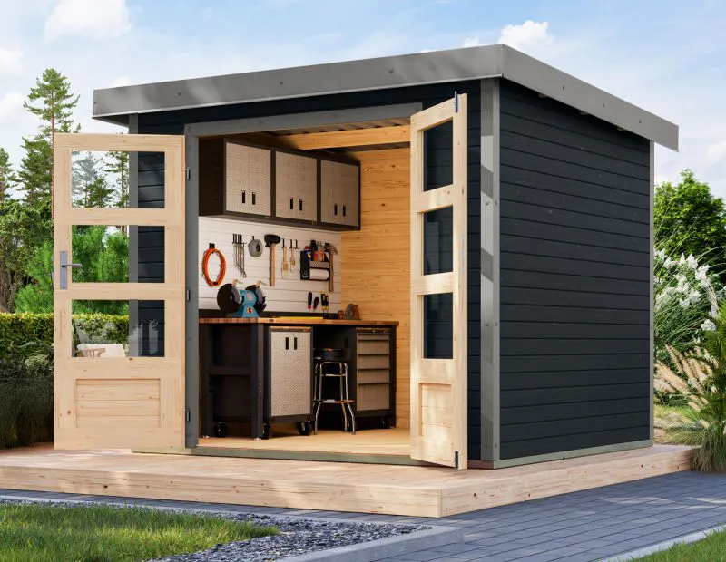 Gartenhaus Holz, anthrazit / graualuminium Trapezblechdach, stahlverstärkte Ecken, modernes Design, Doppeltür mit Zylinderschloss, 2,38 x 2,13 m