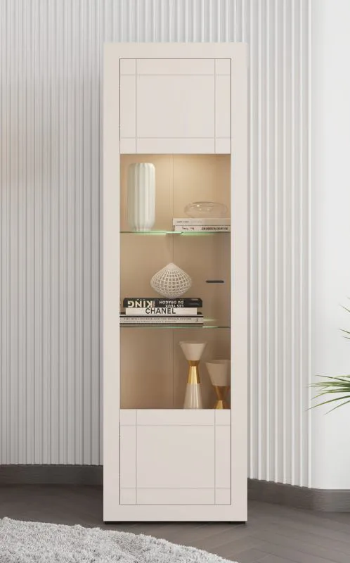 Vitrinenschrank | Metallgriffe | Farbe: Kaschmir | ABS-Kanten | 5 Fächer | elegantes Design | 2 Glaseinlegeböden | Maße: 58 x 35 x 194 cm | für Wohnzimmer
