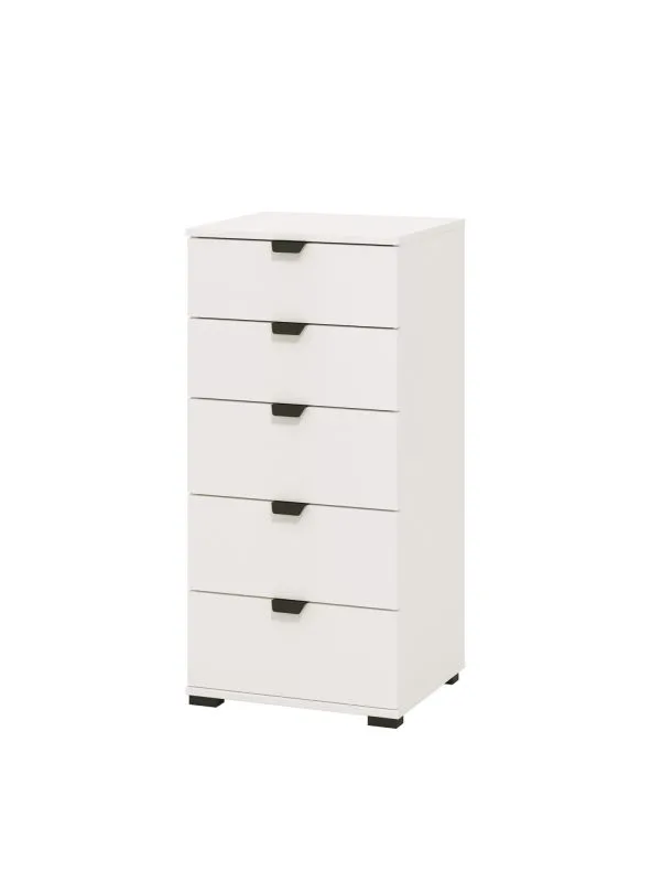 Kommode im modernen Design Pecini 08, Farbe: Weiß, fünf Schubladen, Griffe & Beine: Schwarz, ABS-Kantenschutz, Maße: 95 x 45 x 40 cm, für Wohnzimmer
