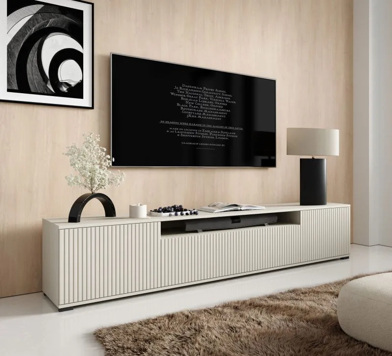 TV-Unterschrank | Kaschmir | Push-to-open Funktion | 2 Drehtüren | 1 Kipptür | Maße: 200 x 40 x 42 cm | Beine: Schwarz | 4 Fächer | TV-Möbel