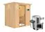 Sauna "Jarle" SET mit Klarglastür und Kranz - Farbe: Natur, Ofen externe Steuerung easy 3,6 kW - 210 x 165 x 202 cm (B x T x H)