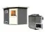 Saunahaus "Elvy" SET mit Ofen BIO 9 kW & klassischer Tür, Farbe: Terragrau  - 231 x 231 cm (B x T), Grundfläche: 4,7 m²