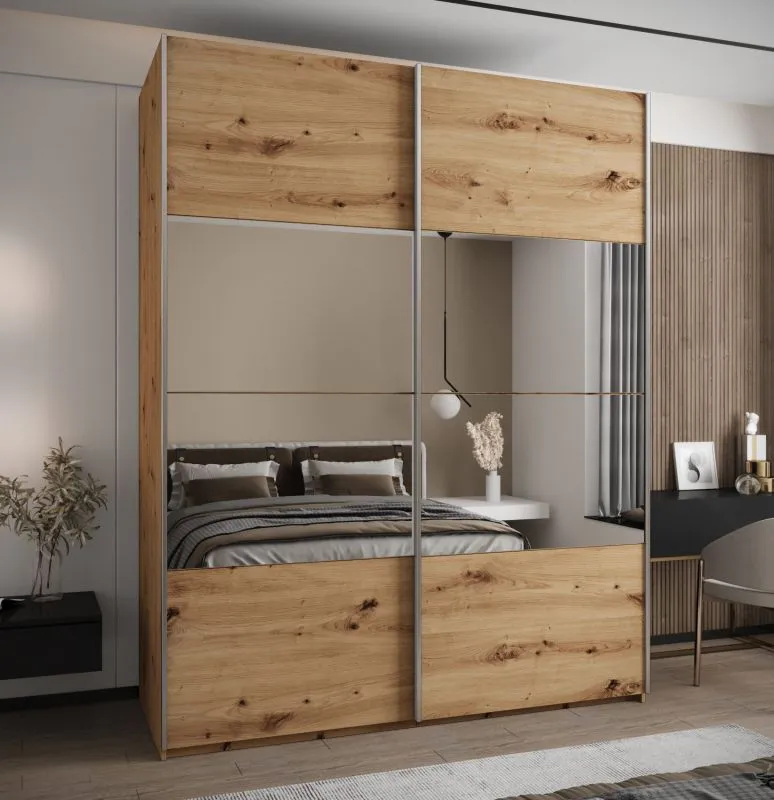 Kleiderschrank / Schiebetürenschrank | 2 Kleiderstangen | 245,5 x 200 x 64 cm | Spiegel | Soft-Close | 11 Fächer | 2 Schiebetüren | Farbe: Eiche Artisan