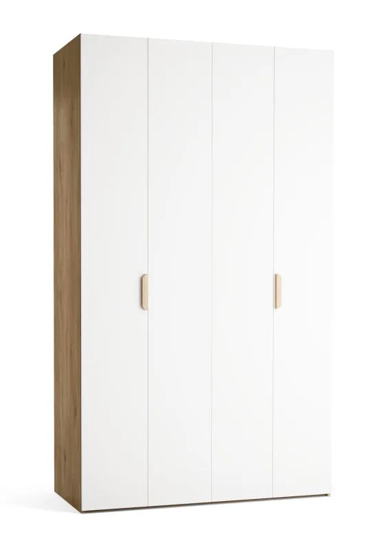 Falttür / Kleiderschrank | Farbe: Weiß / Eiche | 2 Türen | inkl. LED-Beleuchtung mit Bewegungssenor | 140 x 60 x 240 cm | 4 Fächer | 3 Kleiderstangen