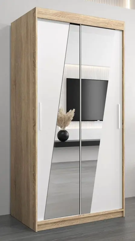 Schiebetürenschrank / Kleiderschrank Guajara 01 mit Spiegel, Farbe: Eiche Sonoma / Weiß matt - Abmessungen: 200 x 100 x 62 cm (H x B x T)