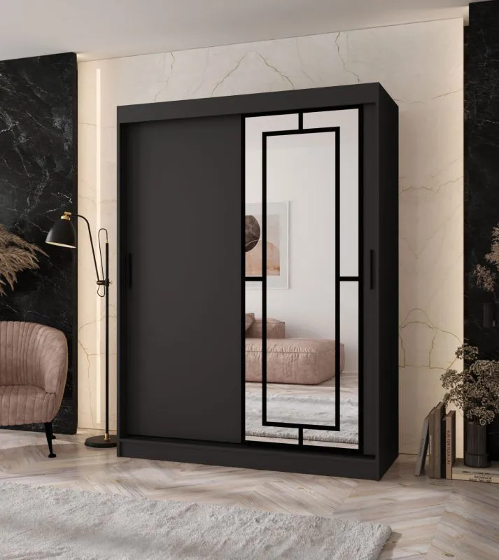 Kleiderschrank | Schwarz Matt | 5 Fächer | 2 Kleiderstangen | hochwertig Verarbeitet | 150 x 62 x 200 cm | Schiebetürenschrank | dekorative Spiegeltür
