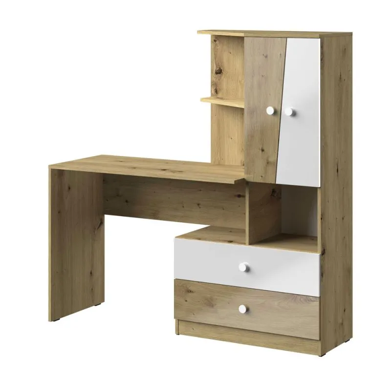 Schreibtisch mit Schrankanbau Sirte 11, Farbe: Eiche / Weiß  Hochglanz - Abmessungen: 153 x 150 x 50 cm (H x B x T)