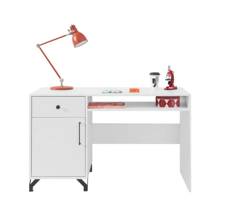 Schreibtisch Tellin 09, Farbe: Weiß / Weiß Hochglanz - Abmessungen: 76 x 125 x 55 cm (H x B x T)