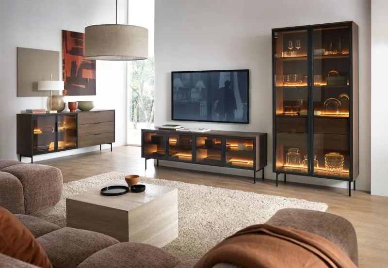 Wohnzimmer - Set A Chaabane | 3-teilig | Farbe: Eiche Dunin / Schwarz | braune Glastüren | Griffe & Beine: Metall | ABS-Schutzkanten | inkl. LED-Beleuchtung