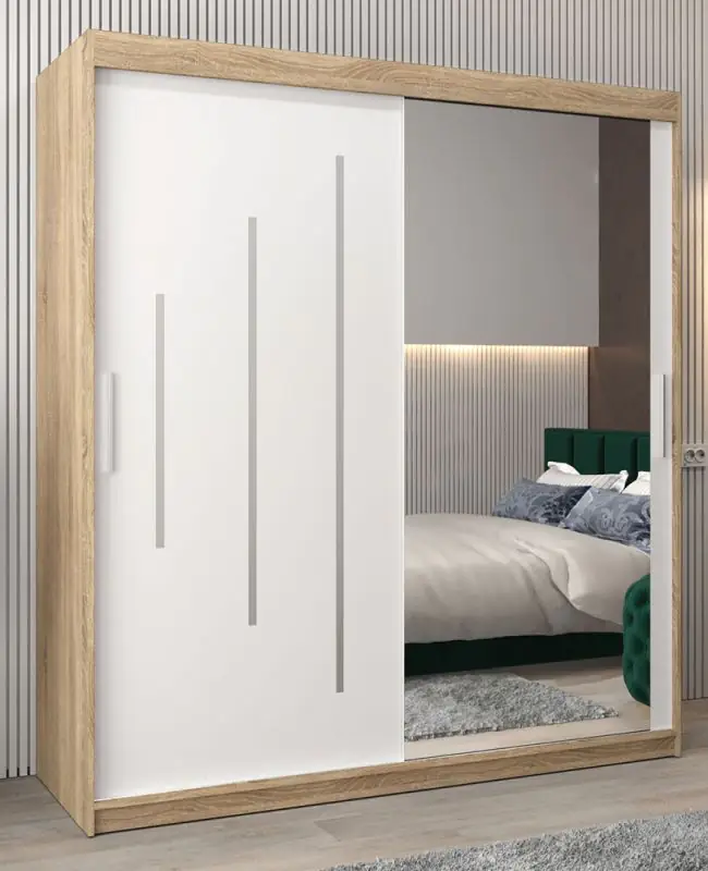 Schiebetürenschrank / Kleiderschrank mit Spiegel Tomlis 04B, Farbe: Eiche Sonoma / Weiß matt - Abmessungen: 200 x 180 x 62 cm (H x B x T)