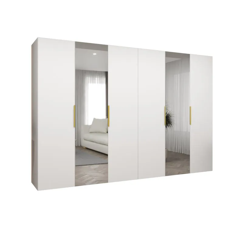 Kleiderschrank mit vier Fächer Korab 104, Farbe: Weiß, vier Kleiderstangen, 3 Meter breit, Griffe: Gold, Soft-Close-Funktion, zwei Spiegeltüren, Drehtürenschrank