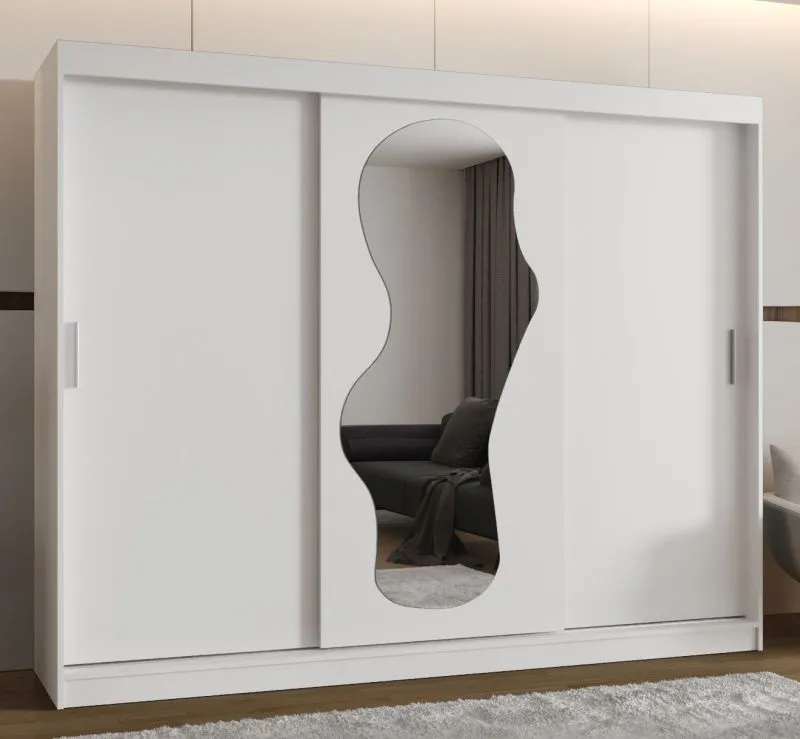 Schiebetürenschrank Lagginhorn 22, Farbe: Weiß, 2,5 Meter breit, Aluminiumschienen, eine Spiegeltür, Kleiderschrank, 10 Fächer, zwei Kleiderstangen