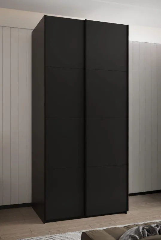Kleiderschrank / Schiebetürenschrank | 245,5 x 110 x 64 cm | 2 Schiebetüren | 6 Fächer | 2 Kleiderstangen | 6 Einlegeböden | Farbe: Schwarz |Soft-Close