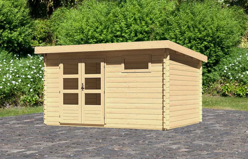 Modernes Gartenhaus mit Pultdach, Farbe: Naturbelassen, Grundfläche: 10,36 m²