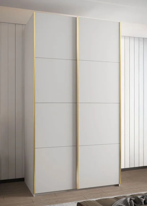 Kleiderschrank / Schiebetürenschrank | 2 Schiebetüren | 2 Kleiderstangen | 245,5 x 140 x 64 cm | 6 Fächer | 6 Einlegeböden | Farbe: Weiß | ABS-Kanten