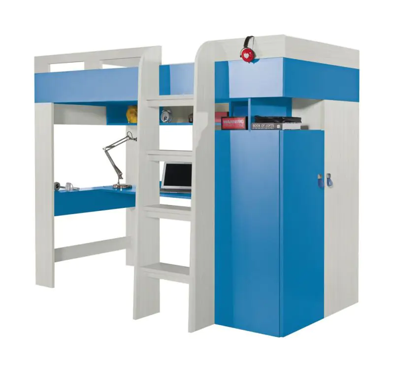 Hochbett mit Schrank, Hängeregal und Schreibtisch "Felipe" 20, Blau / Weiß - Liegefläche: 90 x 200 cm