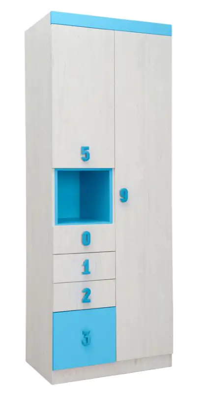 Kinderzimmer - Drehtürenschrank / Kleiderschrank Luis 11, Farbe: Eiche Weiß / Blau - 218 x 80 x 52 cm (H x B x T)