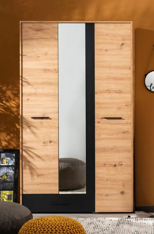 Kleiderschrank mit einer Schublade Brus 16, Farbe: Eiche Artisan / Schwarz, eine Spiegeltür, eine Kleiderstange, Maße: 203,5 x 119 x 53 cm, sechs Fächer