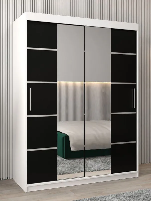 Schiebetürenschrank / Kleiderschrank Jan 03D mit Spiegel, Farbe: Weiß Matt / Schwarz - Abmessungen: 200 x 150 x 62 cm (H x B x T)