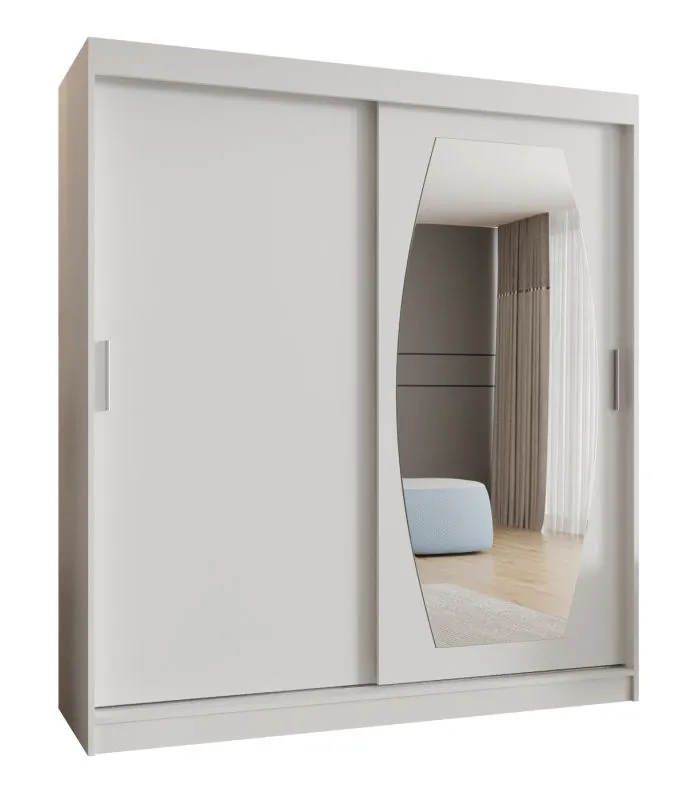 Kleiderschrank mit einer Spiegeltür Musala 14, Farbe: Weiß, 1,8 Meter breit, Aluminiumschienen, 10 Fächer, Schiebetürenschrank, zwei Kleiderstangen