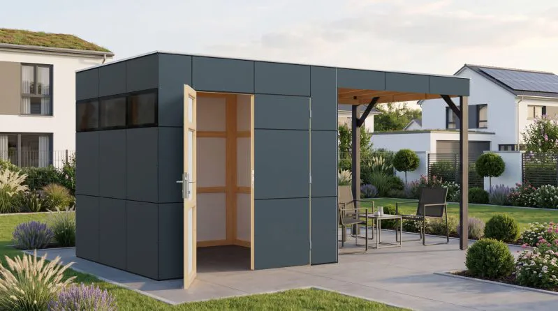 Gartenhaus Lounge Frankfurt 01 mit Dachanbau | Schleppdach | Grundfläche 10,5 m² |  Grau / Anthrazit | Elementgartenhaus | HPL-Fassadenplatten
