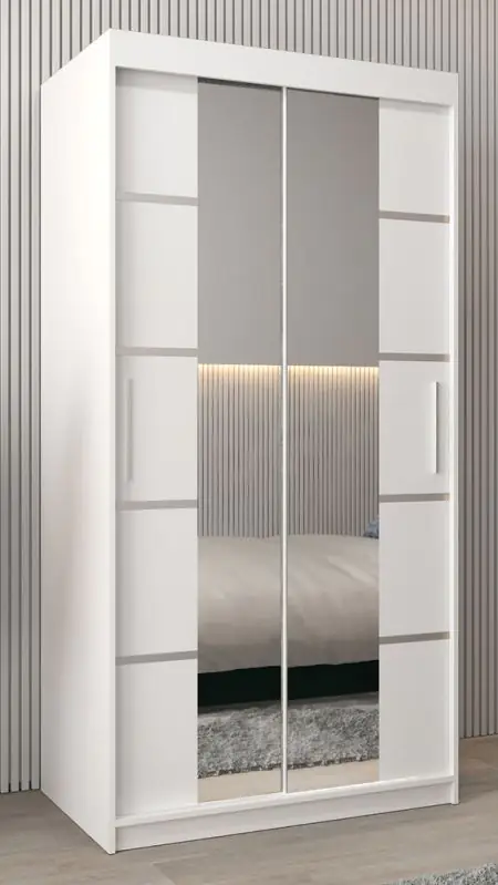 Schiebetürenschrank / Kleiderschrank Jan 01D mit Spiegel, Farbe: Weiß matt - Abmessungen: 200 x 100 x 62 cm (H x B x T)