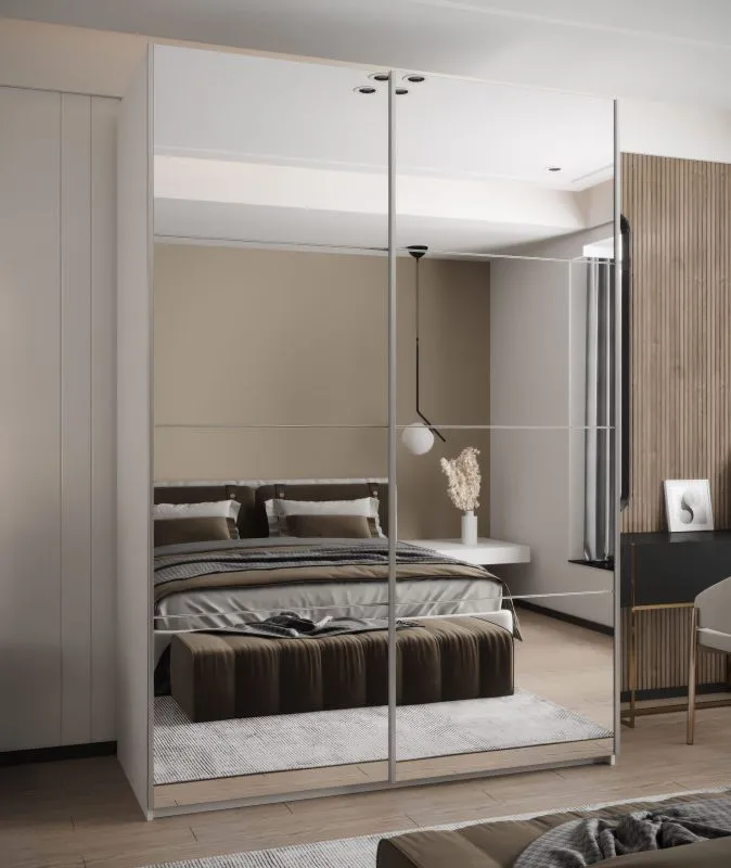 Kleiderschrank / Schiebetürenschrank | Spiegel | 245,5 x 180 x 64 cm | Soft-Close | 2 Kleiderstangen | 11 Fächer | Farbe: Weiß | 2 Schiebetüren
