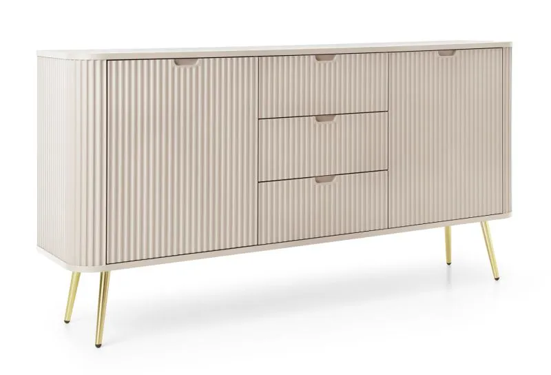Kommode Makreb 11 in Kaschmir mit gefräßten Fronten, 87 x 168 x 39 cm, Soft Close, 3 Schubladen, Beine aus Metall in Gold, 4 Fächer, 2 Türen, ABS