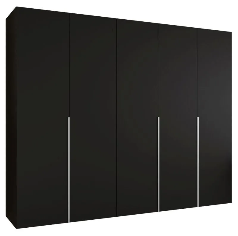 Kleiderschrank mit fünf Türen Eiger 40, Farbe: Schwarz, drei Kleiderstangen, 2,5 Meter breit, drei Fächer, Soft-Close-Funktion, Griffe: Kaschmir, Drehtürenschrank