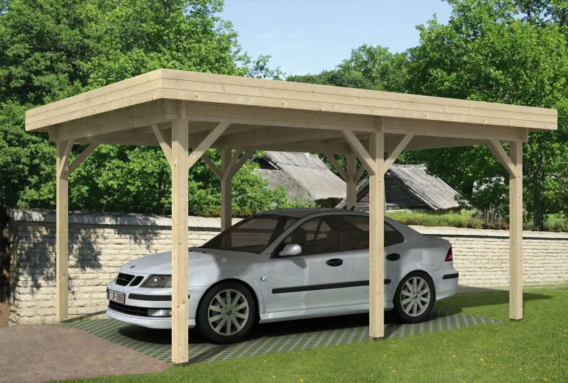 Einzelcarport mit 40 mm Blockbohlen, inkl. Pfosten, aus nordischen Fichtenholz, gehobelt, Grundfläche: 20,36 m², Holz-Carport, Flachdach, Außenmaße: 536 x 380 cm, sicherer Stellplatz für Ihr Auto