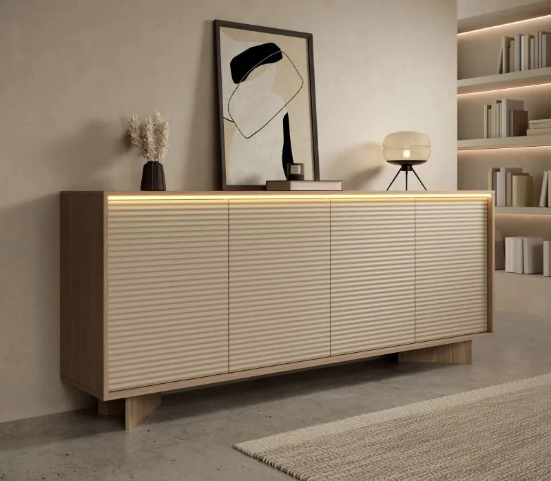 Kommode | Farbe: Bolivar Natur / Cappuccino | 3 Drehtüren | 8 Fächer | Push-to-open Funktion | inkl. LED-Beleuchtung | 204 x 40 x 85 cm | Sideboard