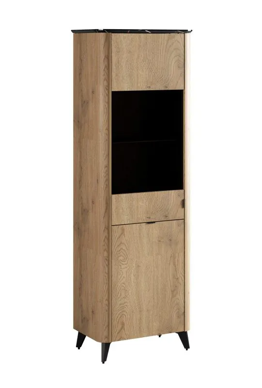 Vitrine mit modernem Design | 63 x 36,5 x 182 cm | Eiche Cremona / Schwarzer Marmor | 4 Fächer | 2 Türen | Metallgriffe | ABS-Kantenschutz | für Wohnzimmer