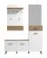 Garderobe Komplett - Set A Bineva, 2-teilig, Farbe: Eiche Artisan / Weiß / Weiß Hochglanz, ein Garderobenschrank und eine Kommode, Schuhschrank mit Sitzkissen, Spiegel und Garderobe mit 6 Haken