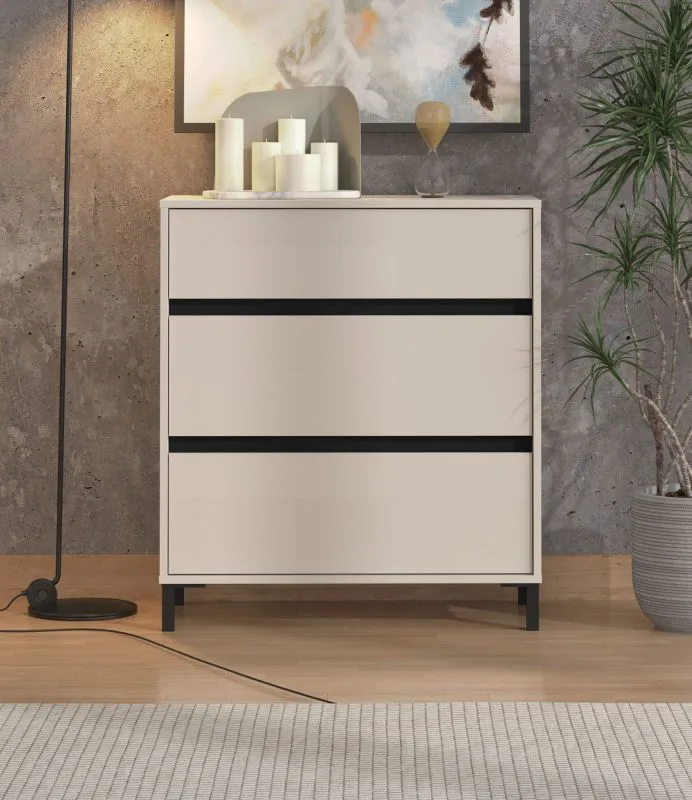 Kommode | Farbe: Kaschmir | 3 Schubladen | Maße: 80 x 40 x 90 cm | ABS-Kanten | modernes Design | Beine: Schwarz | für Schlafzimmer