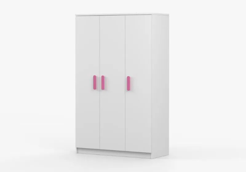 1,2 Meter breiter Drehtürenschrank / Kleiderschrank Weiß | Smolikas 117 | Kleiderstange | 192 x 120 x 50 cm | Holzgriffe | 3 Türen | 9 Fächer