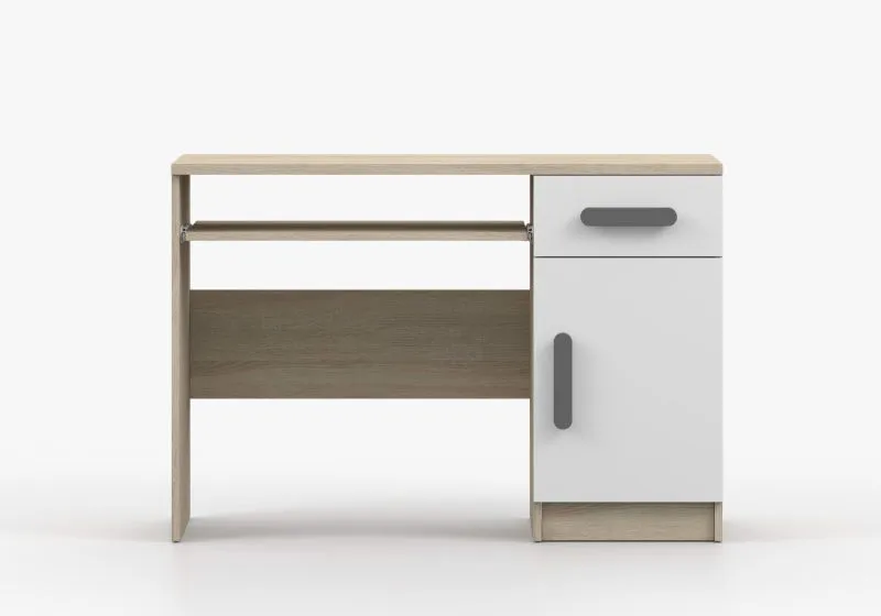 1,1 Meter breiter Schreibtisch | 1 Schublade | Holzgriffe | 3 Fächer | 75 x 110 x 50 cm Weiß / Sonoma Eiche | Smolikas 81 | 1 Türe