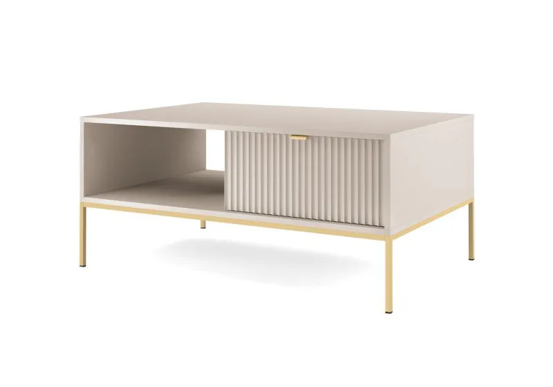 Couchtisch mit geriffelter Front Worthing 70, eine Schublade, Farbe: Kaschmir, ein Ablagefach, Maße: 46 x 104 x 68 cm, Beine und Griffe: Gold