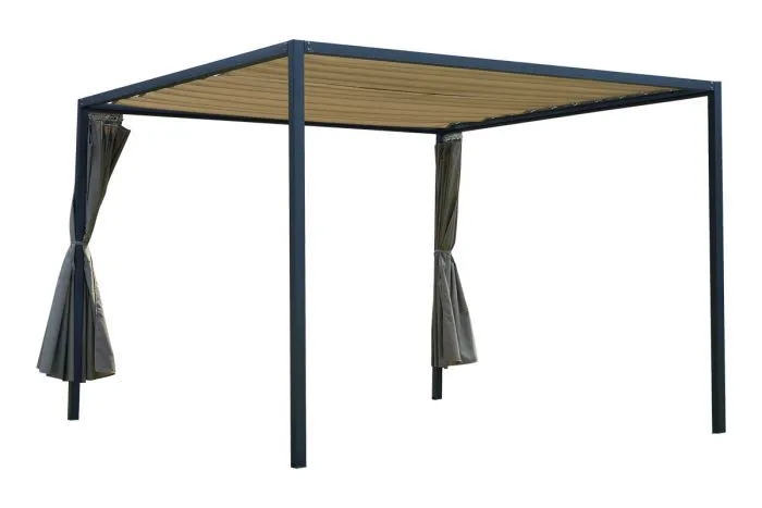 Pergola Lille mit Vorhang, Rahmen aus Aluminium - Farbe: anthrazit, Vorhangfarbe: taupe, 3000 x 3000 x 2100 mm, angenehmes Ambiente, elegante Vorhänge