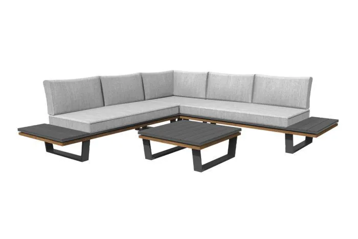 Gartensitzgruppe New York mit Couchtisch, Farbe: anthrazit, Stofffarbe: hellgrau, Tischplatte und Ablagefläche aus wetterfesten Verbundwerkstoff in Holzoptik, Spun-Polyester-Bezug