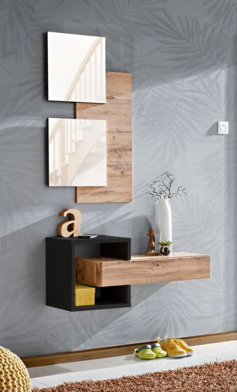 Garderobe Komplett - Set B Pollestad, 2-teilig, Farbe: Eiche Wotan / Schwarz, zwei Spiegel mit Wandpanel, eine Wandkonsole mit Schublade, modernes Design