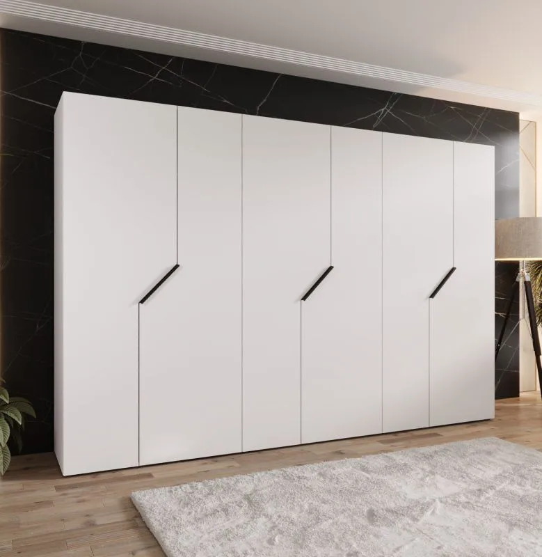 Drehtürenschrank | Farbe: Weiß | 6 Türen | 3 Kleiderstangen | ABS-Kanten | Griffe: Schwarz | Maße: 300 x 52 x 202 cm | Soft-Close-Funktion | 3 Fächer