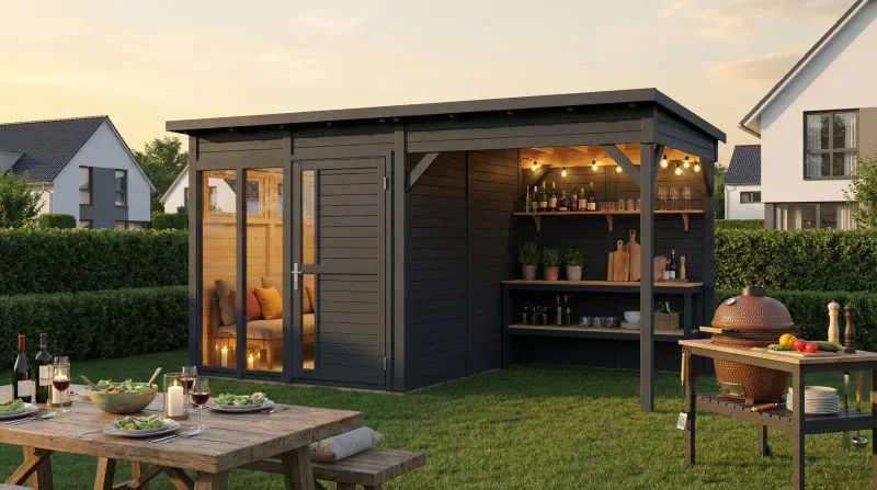 Gartenlaube | Schleppdach | inkl. Fußboden | Anthrazit | Elementbauweise | 4,49 x 2,34 Meter | Poolhaus | Sonnenglück 01 | Flachdach | Fenster aus Sicherheitsglas