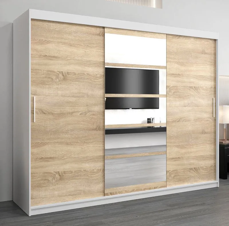 250 cm breiter Schiebetürenschrank mit 3 Türen | 10 Fächer | 2 Kleiderstangen | Farbe: Sonoma Eiche / Weiß Abbildung