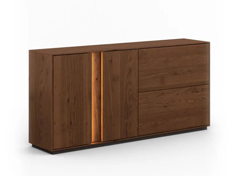Kommode Sienne 05, Wildeiche massiv, gebürstet, in Tabacco geölt, Push-to-open Funktion, Maße: 79 x 165 x 43,5 cm, sechs Fächer, inkl. LED-Beleuchtung