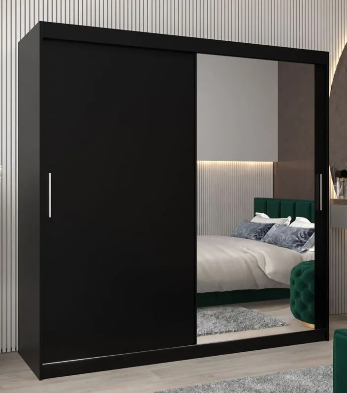 Schiebetürenschrank / Kleiderschrank Bisaurin 5C mit Spiegel, Farbe: Schwarz - Abmessungen: 200 x 200 x 62 cm ( H x B x T)